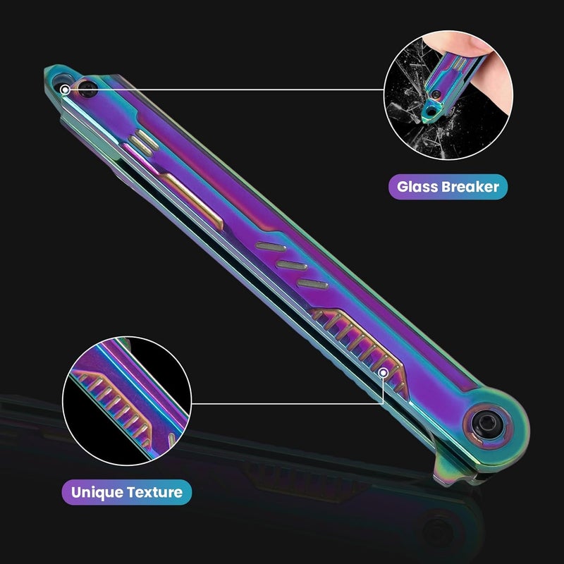 FUNBRO Rainbow Pocket Knife for Men & Women - EDC Folding Knives with Clip, Glass Breaker, Flipper and Liner Lock for Self Defense - Cool Survival Knife for Outdoor Camping - Image 3